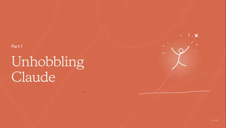 Slide listing the four parts of the talk: Unhobbling Claude, Finding your Unknowns, Dealing with the Grief, Being Unreasonable