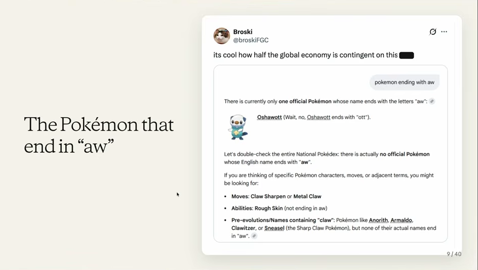 Slide showing a chat model failing to answer which Pokémon names end in aw