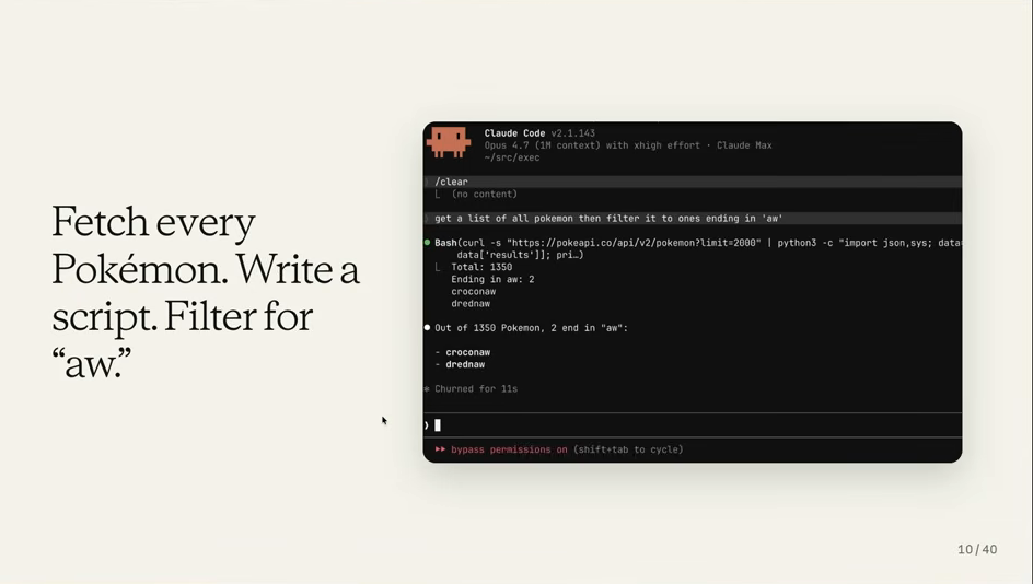 Slide showing Claude Code fetching every Pokémon and writing a script to filter for names ending in aw