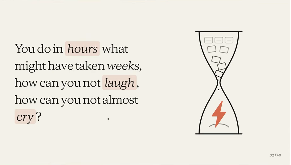 Slide reading: You do in hours what might have taken weeks, how can you not laugh, how can you not almost cry?